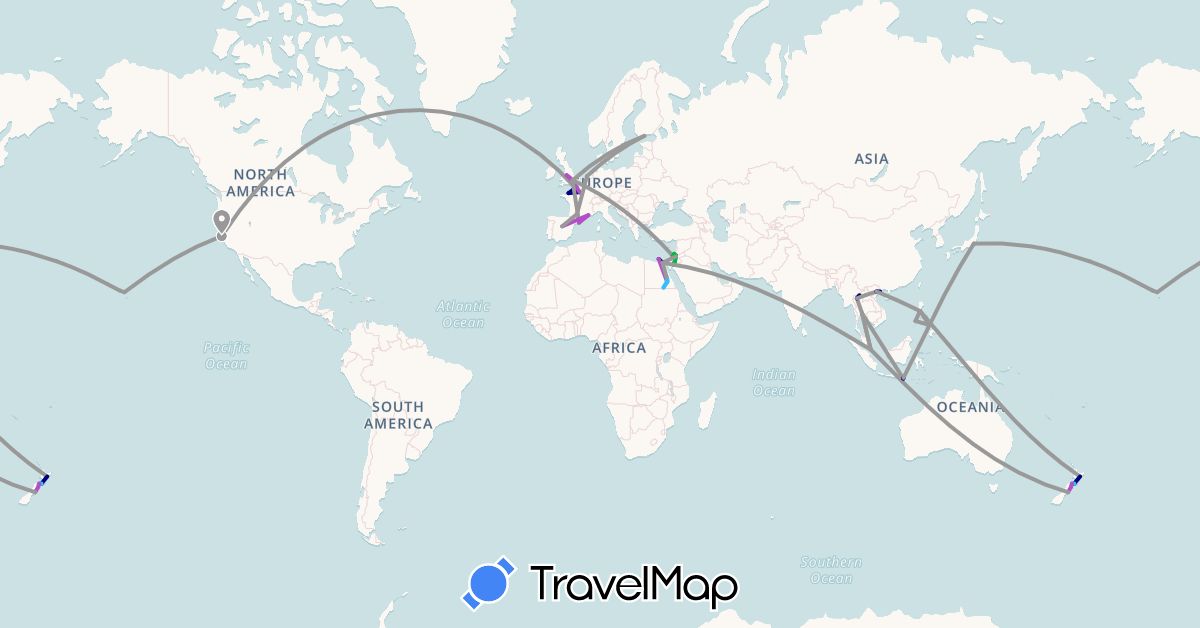 TravelMap itinerary: driving, bus, plane, train, boat in Egypt, Spain, Finland, France, United Kingdom, Indonesia, Israel, Jordan, Japan, Laos, Netherlands, New Zealand, Philippines, Singapore, Thailand, United States, Vietnam (Africa, Asia, Europe, North America, Oceania)